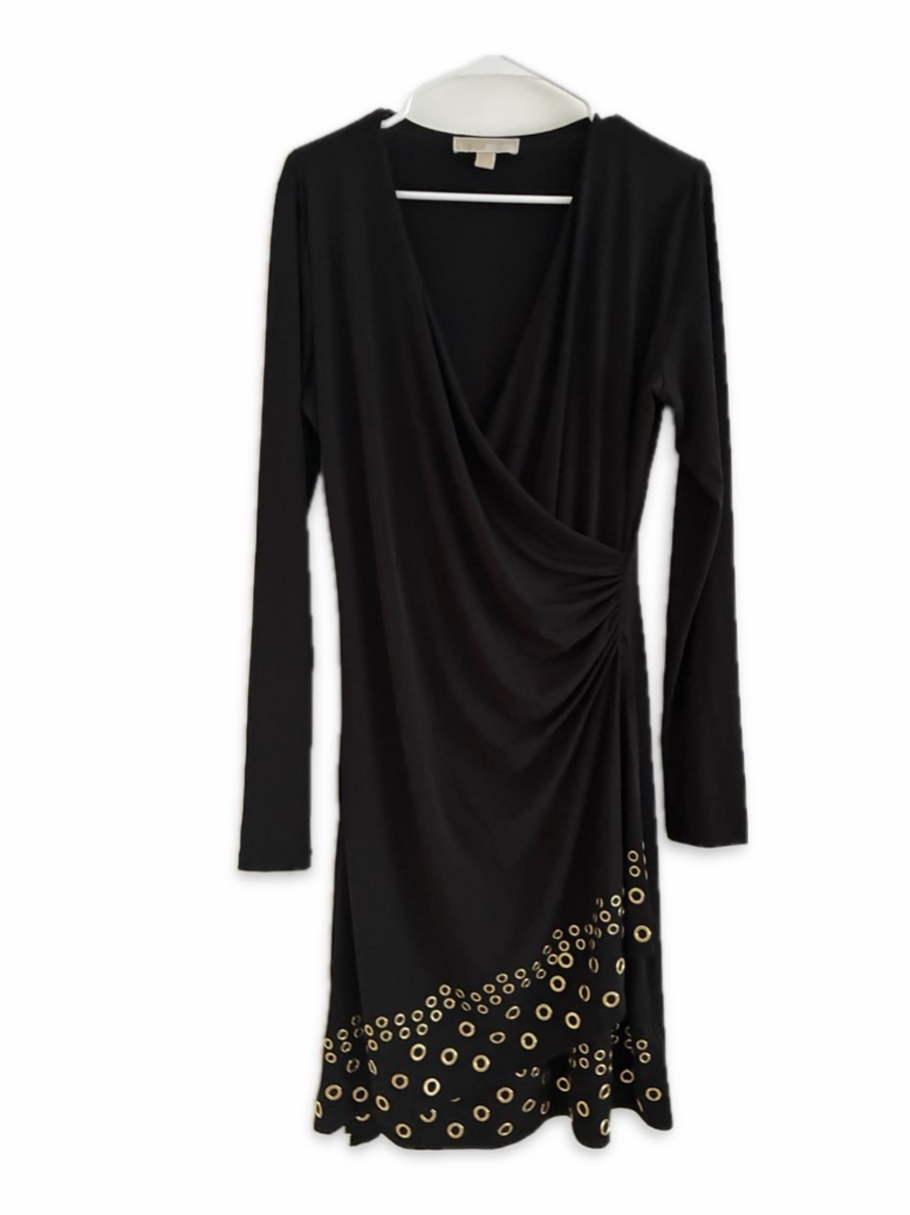 Michael Kors Black Long-Sleeve Wrap Dress with Gold Eyelet fits 38DD, 40” bust